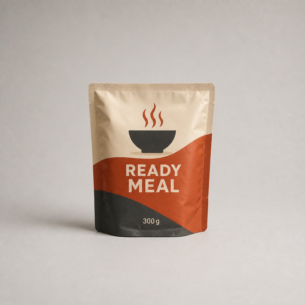 Filled ready-meal retort pouch with top heat seal and 300 g retail print