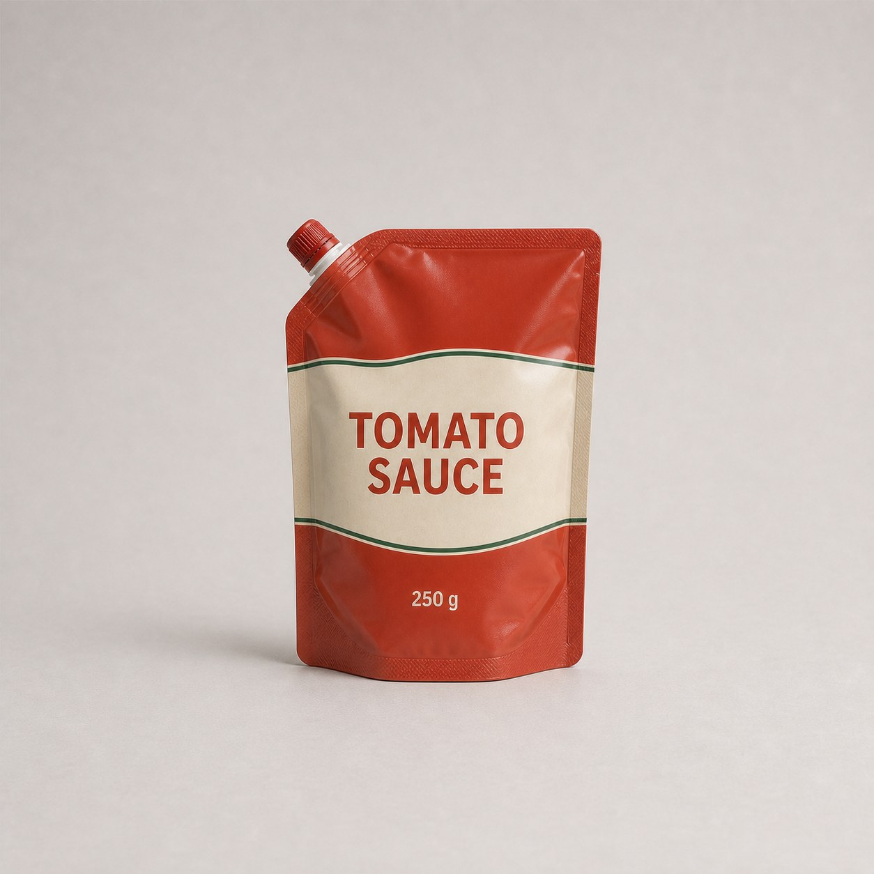 Filled 250 g tomato sauce retort pouch with a compact closed corner spout embedded in the angled heat seal