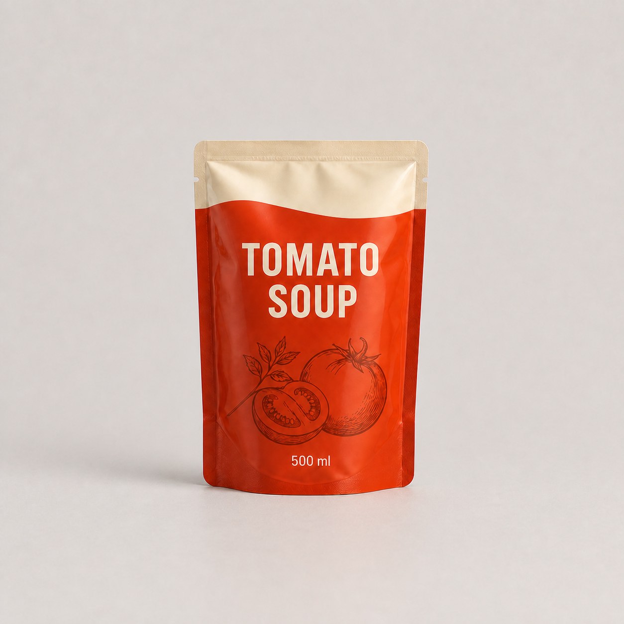 Filled 500 ml tomato soup retort pouch with sealed edges and retail-ready printed design