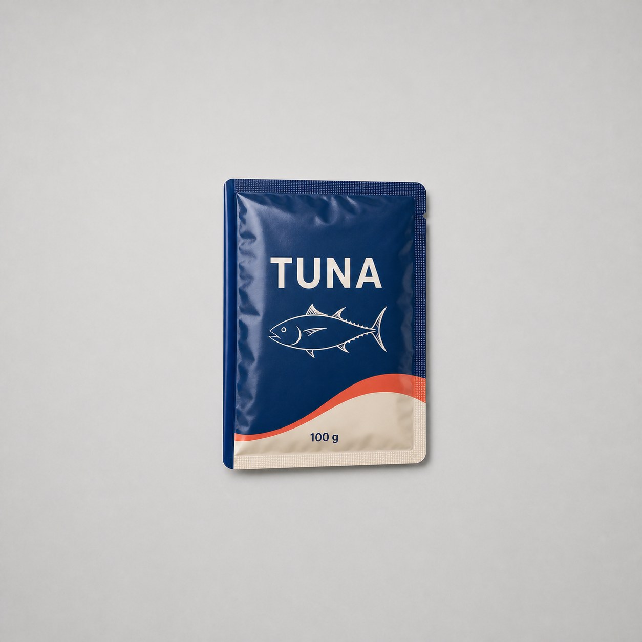 Flat 100 g tuna retort pouch with three heat-sealed edges and one folded film edge