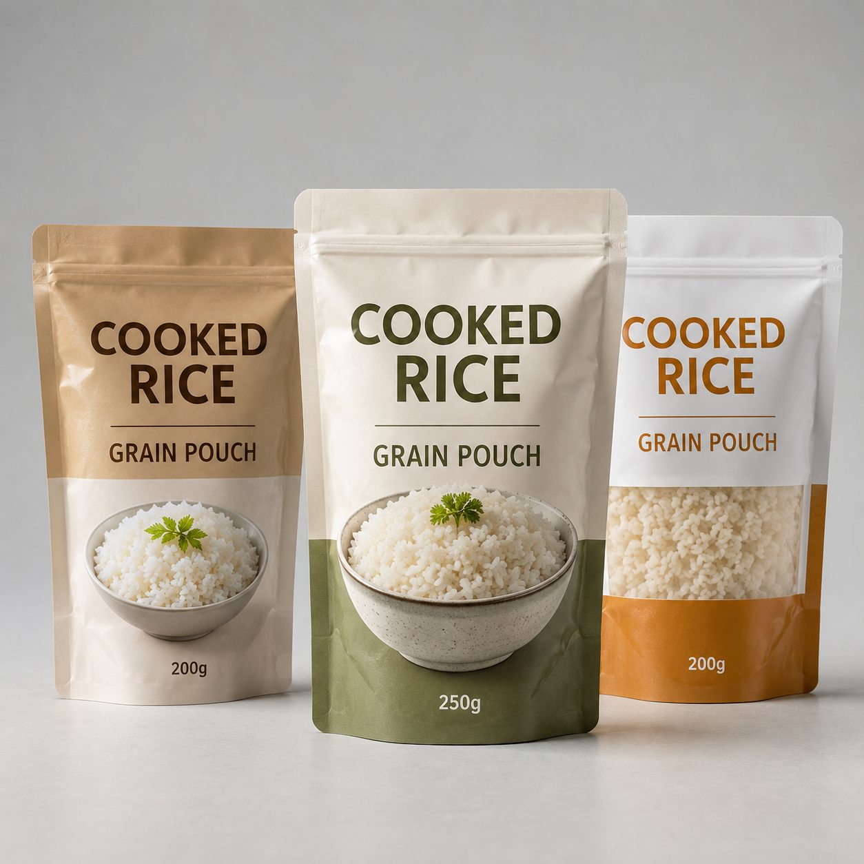 Cooked rice and grain retort pouches with sealed stand-up structure and generic 200g to 250g labels