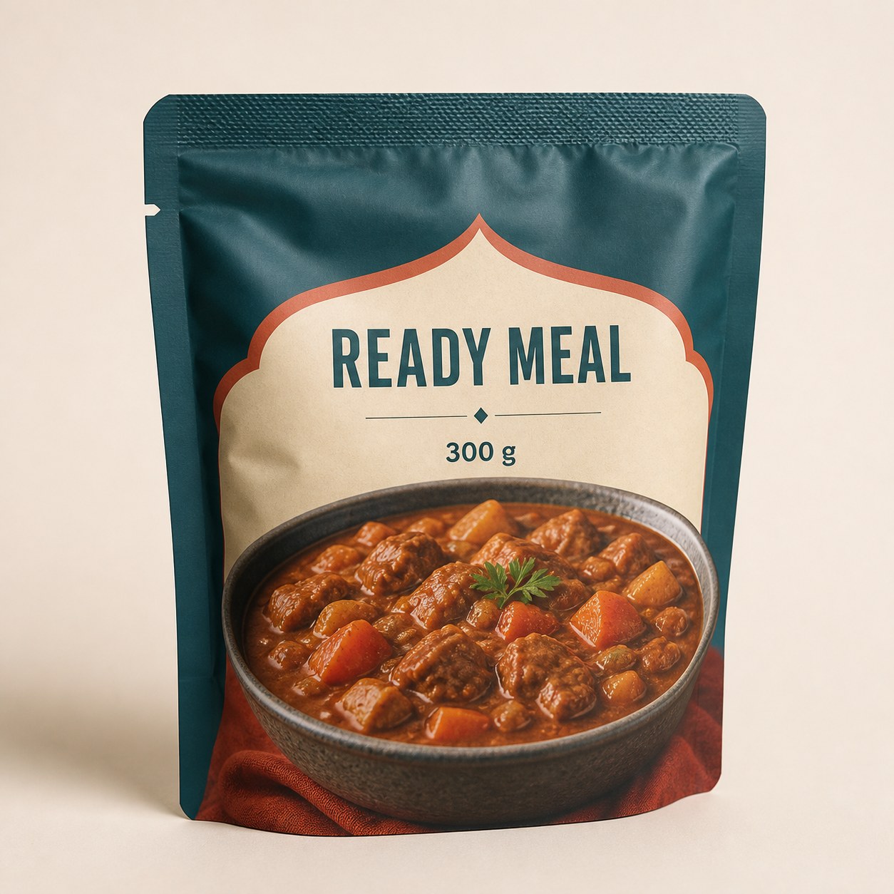 Front-facing teal ready-meal retort pouch with an intact top seal and a U-shaped side tear notch