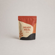 Filled matte ready-meal retort pouch with broad heat seals, side tear notches and low-glare printed laminate
