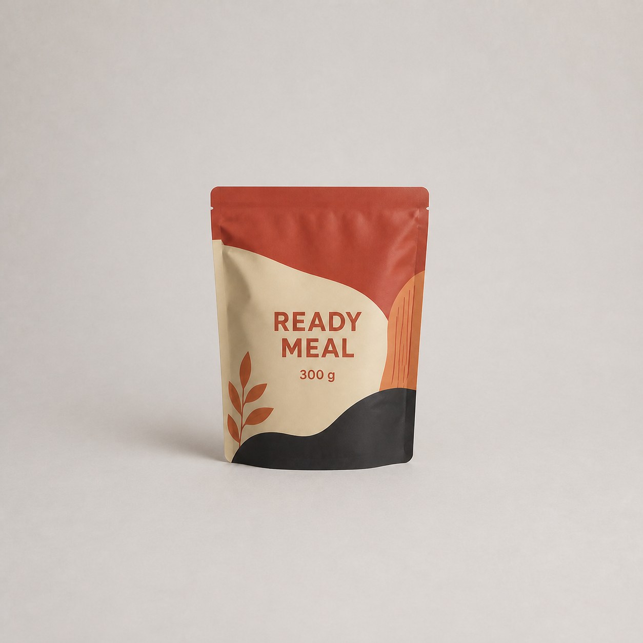Filled matte ready-meal retort pouch with broad heat seals, side tear notches and low-glare printed laminate