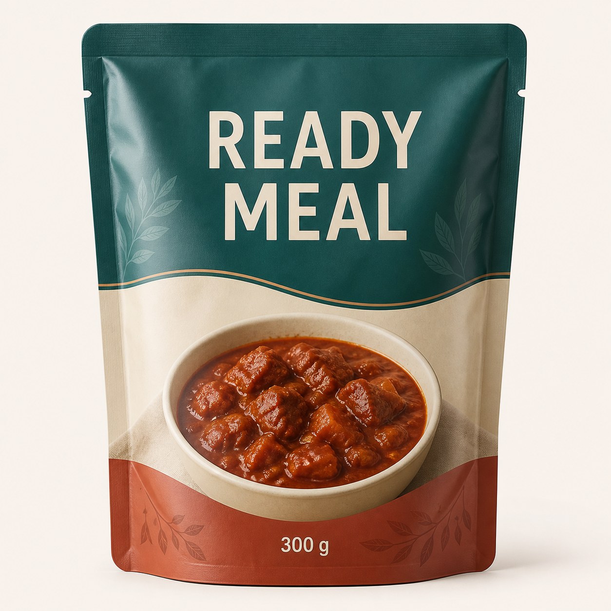 Front-facing teal and terracotta ready-meal retort pouch with clear retail print hierarchy and a prepared-meal image