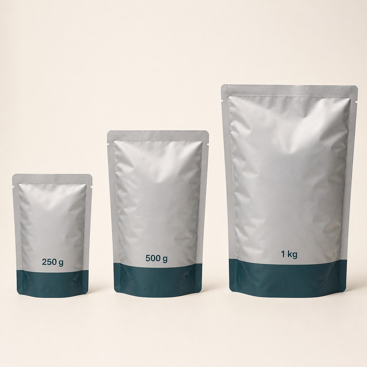 Three matching silver retort pouches in graduated 250 g, 500 g and 1 kg sizes