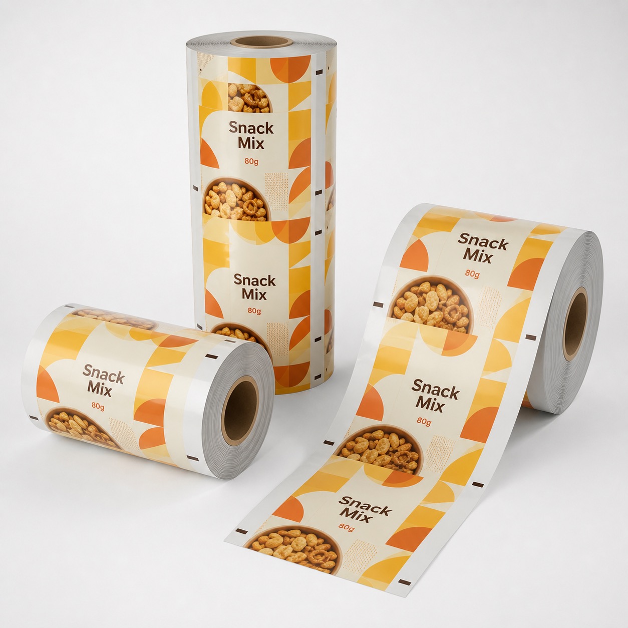 Printed snack mix roll stock film rolls with repeated 80g pouch artwork