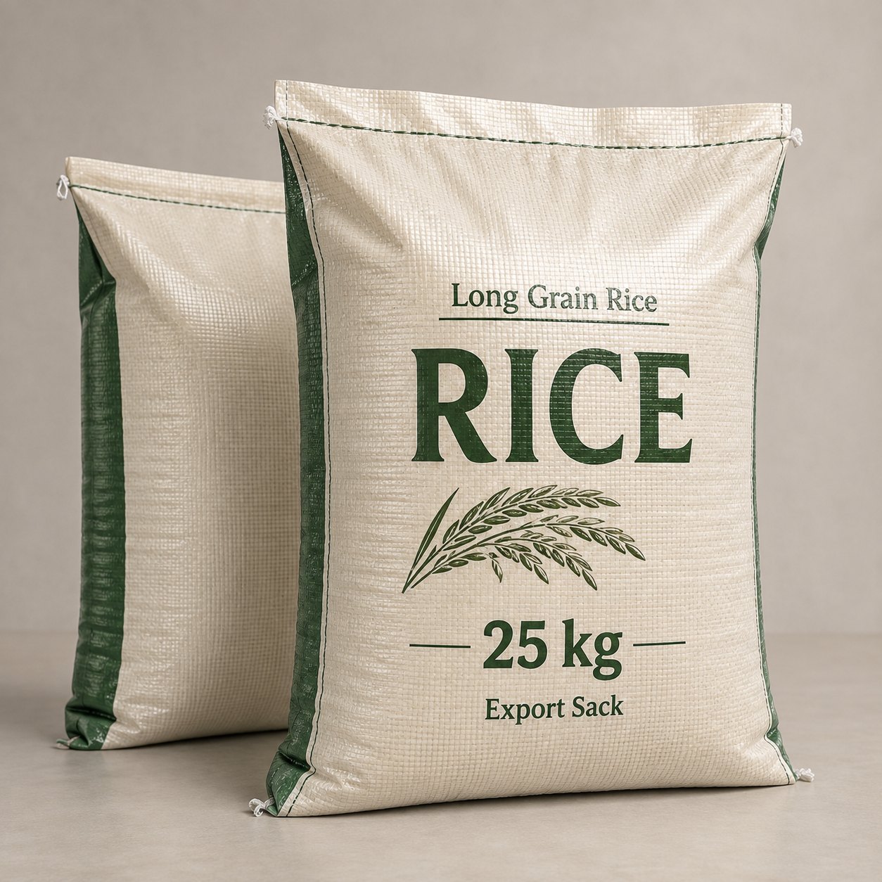 25 kg laminated woven polypropylene rice export sacks with side gussets and sewn top seams
