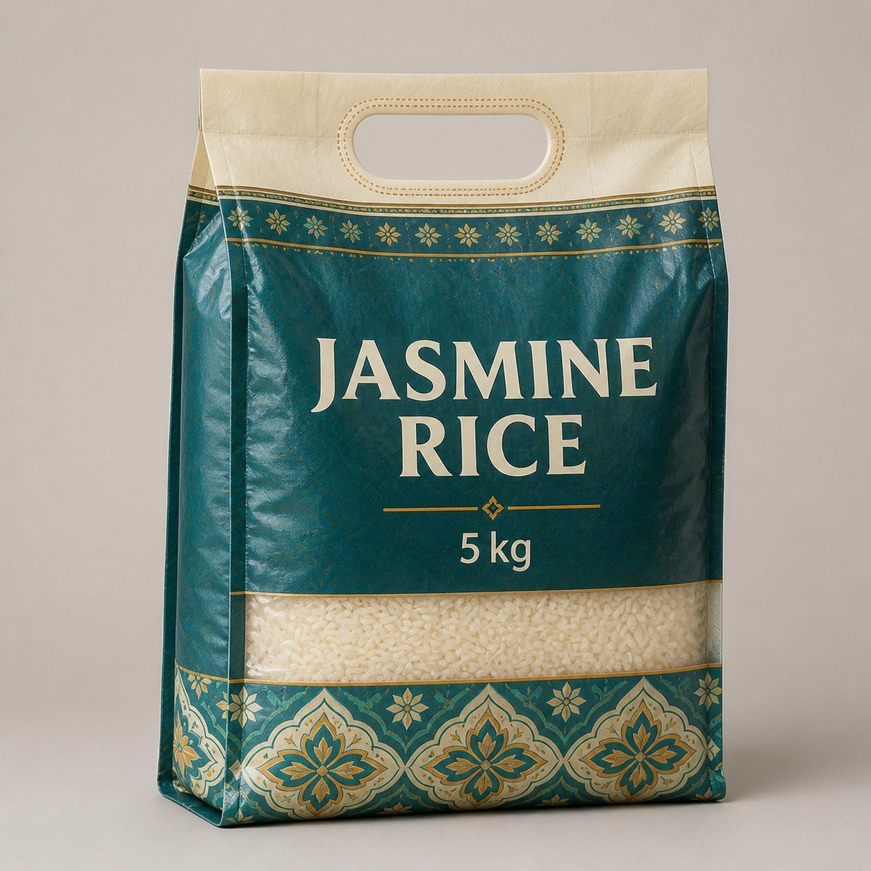 Filled 5 kg jasmine rice bag with a reinforced die-cut carry handle, broad base and clear rice window