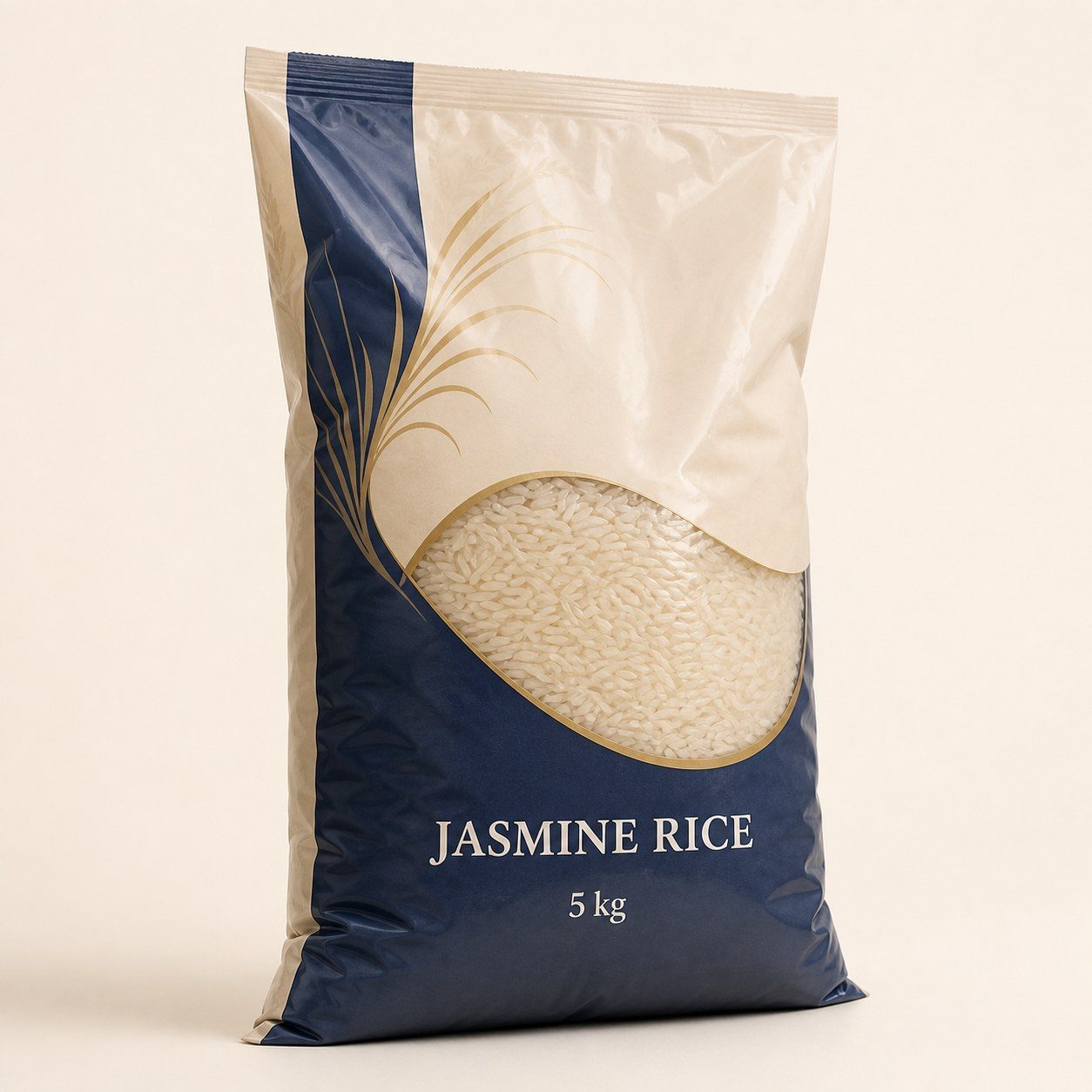Printed jasmine rice bag with an integrated clear film window showing the rice grains inside