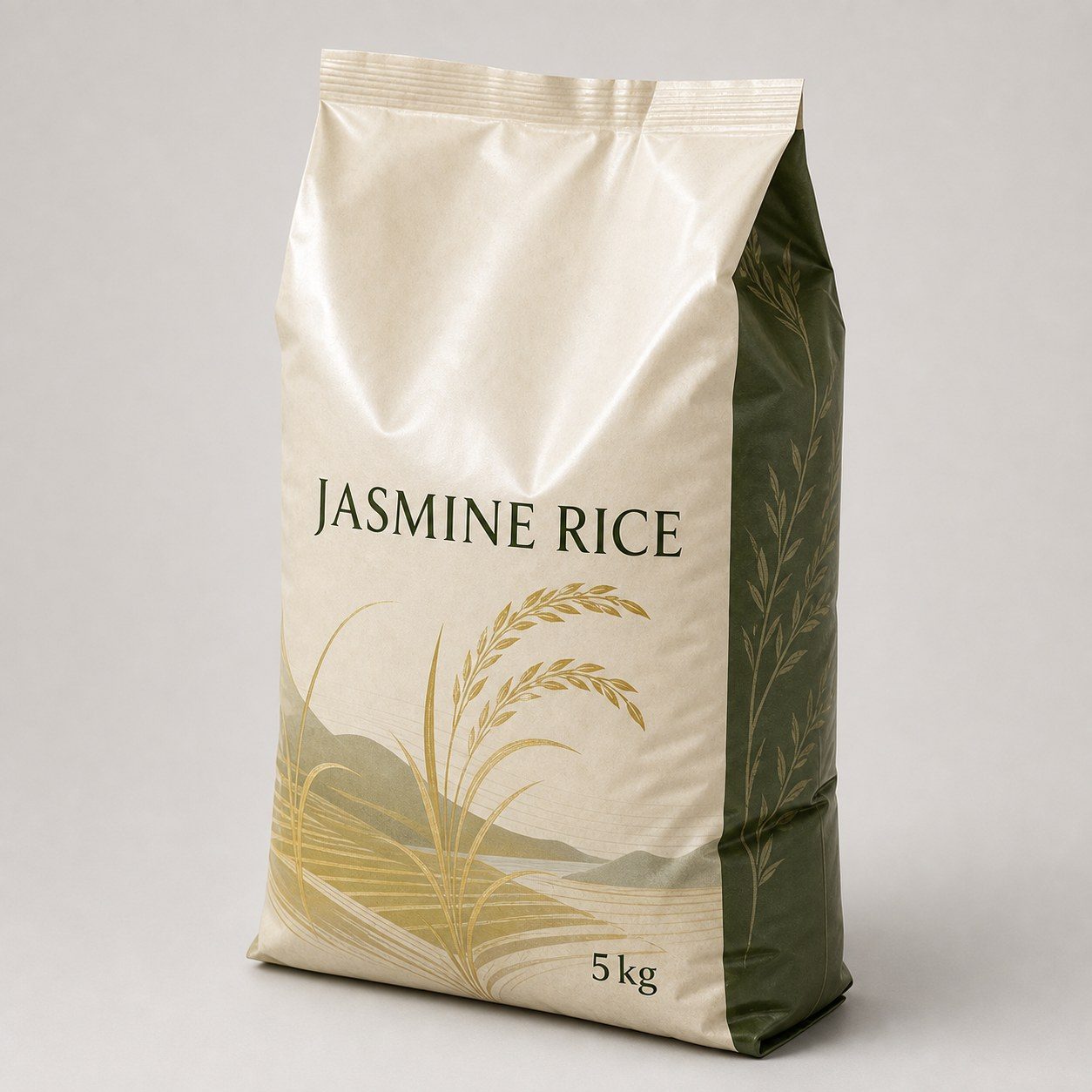 Ivory 5 kg jasmine rice bag shown at an angle with a clearly expanded forest-green side gusset