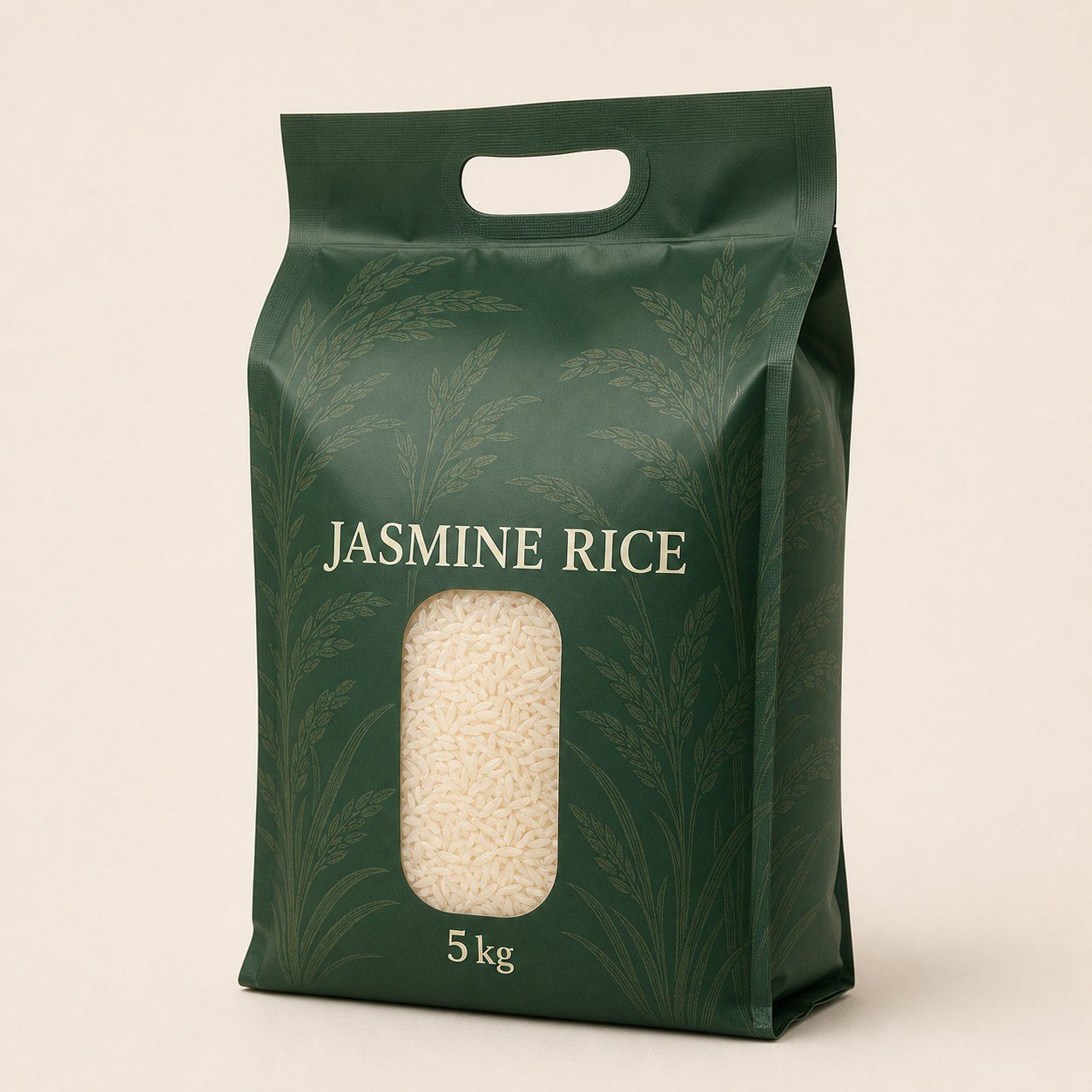 Forest-green matte 5 kg jasmine rice bag with an integrated carry handle and clear grain window