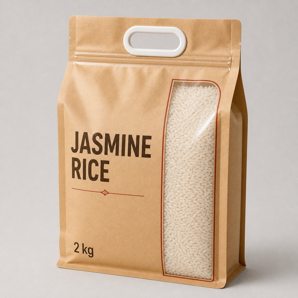 Kraft-look 2 kg jasmine rice handle bag with a clear window showing white long-grain rice