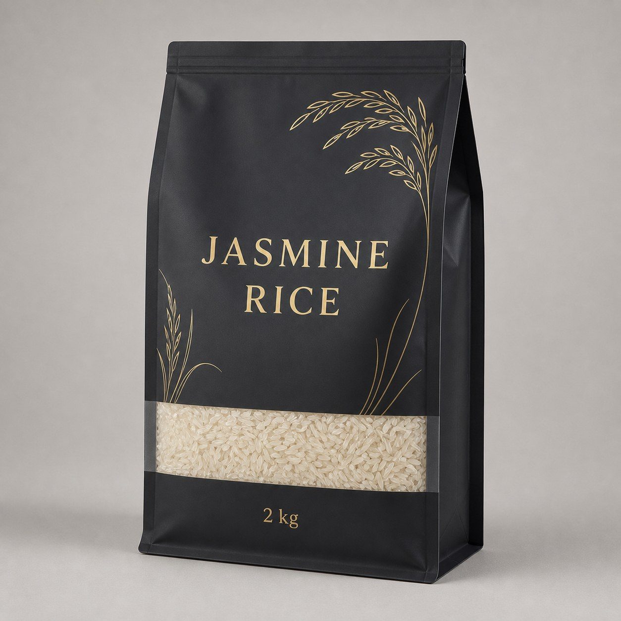 Charcoal matte flat-bottom jasmine rice pouch with restrained gold linework and a clear lower rice window