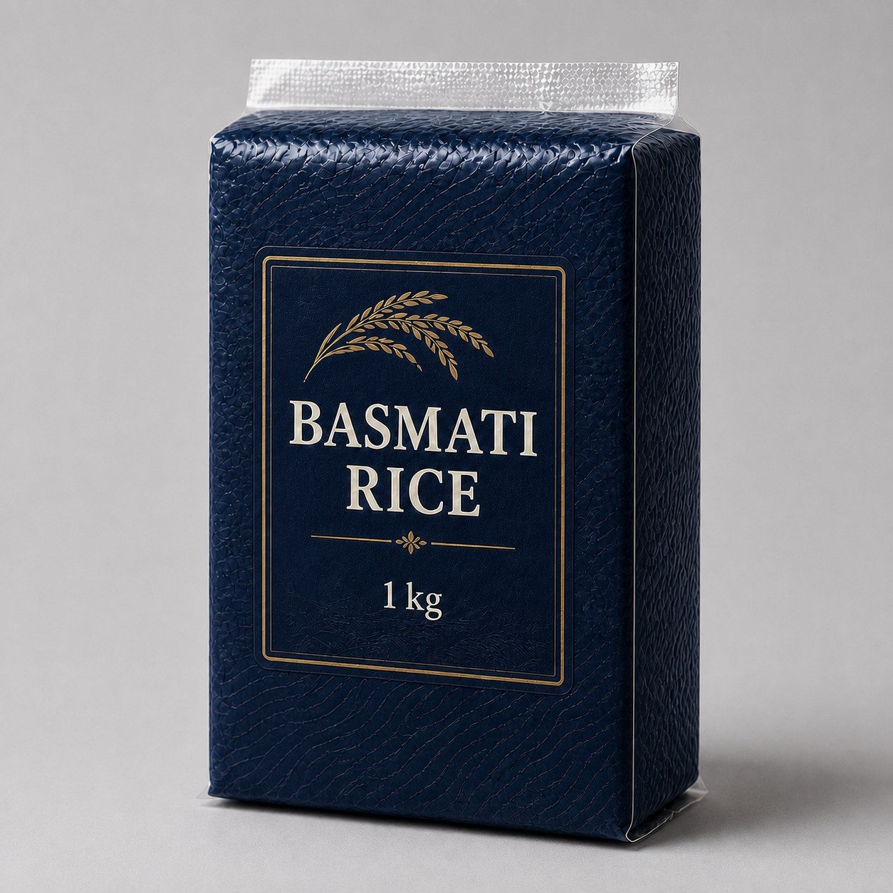 Deep navy 1 kg basmati rice vacuum brick bag with restrained gold linework