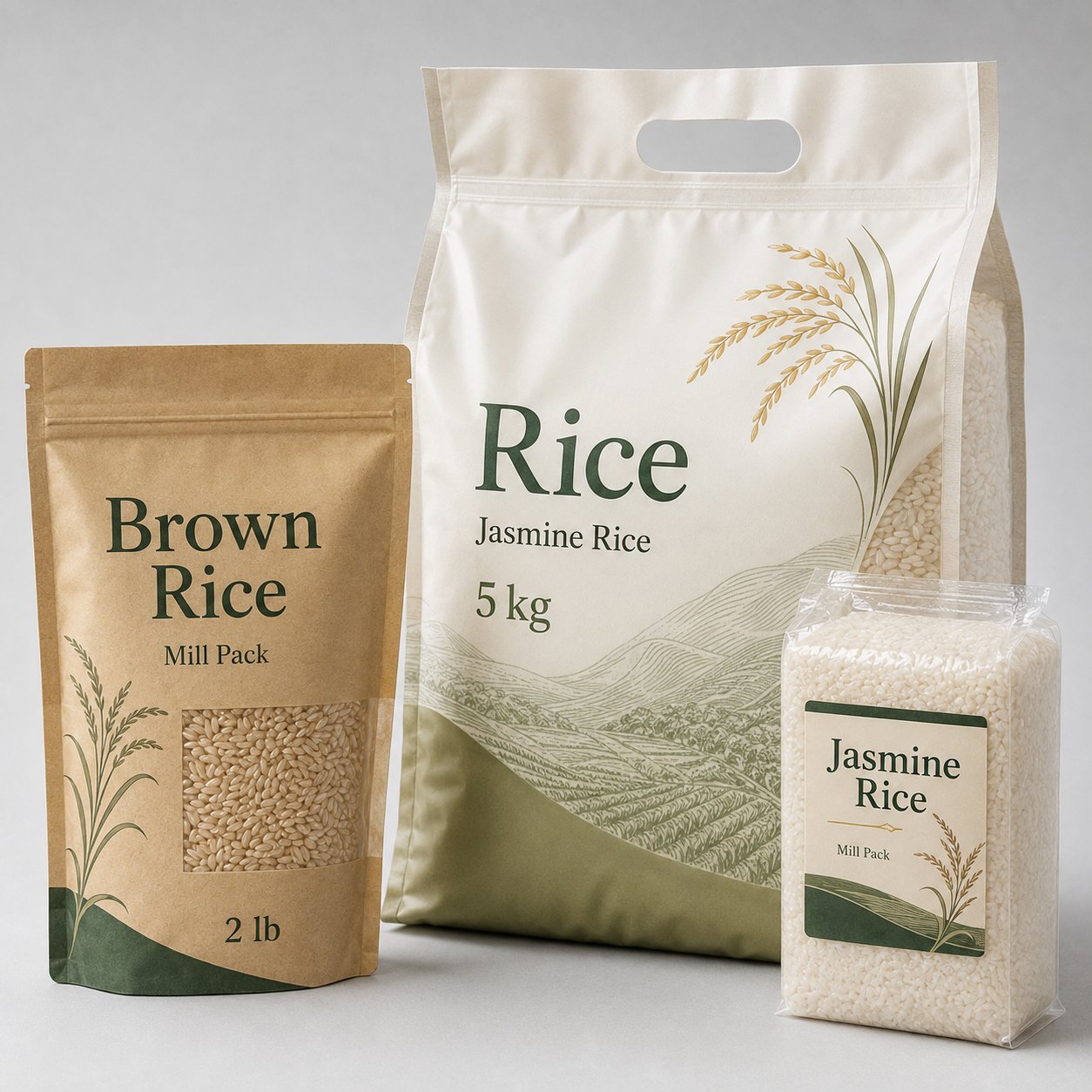 Rice mill brand packaging samples with handle pouch and clear grain windows