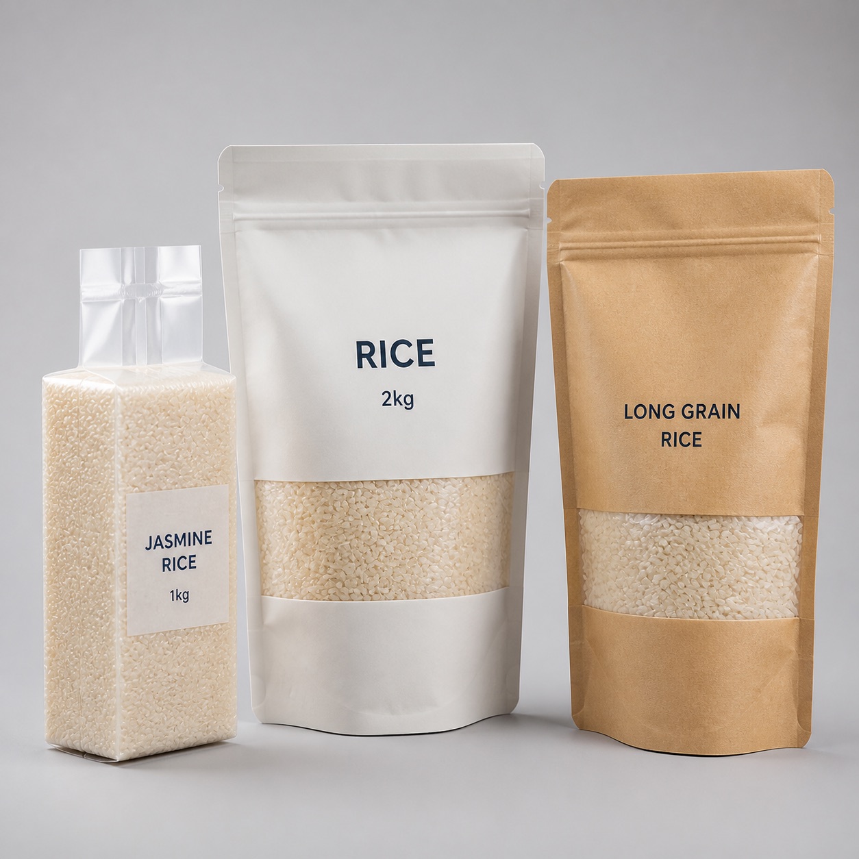 Rice packaging options with vacuum brick pack and clear-window rice pouches