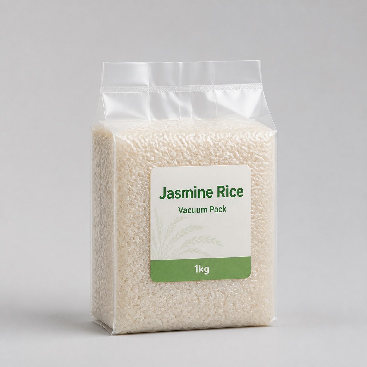 Clear PA PE vacuum brick rice pack showing compressed rice grains and heat-sealed top