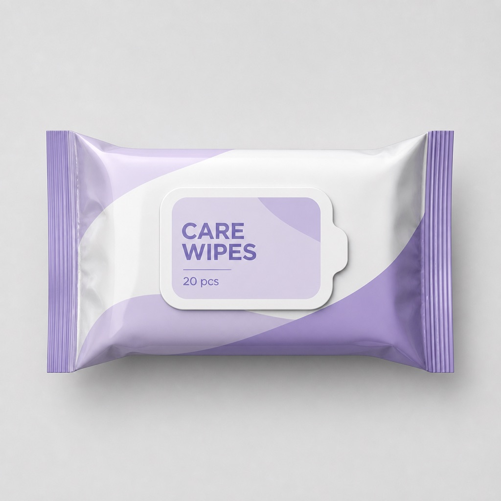 Care wipes flexible pack with smooth pillow body and peel-label closure