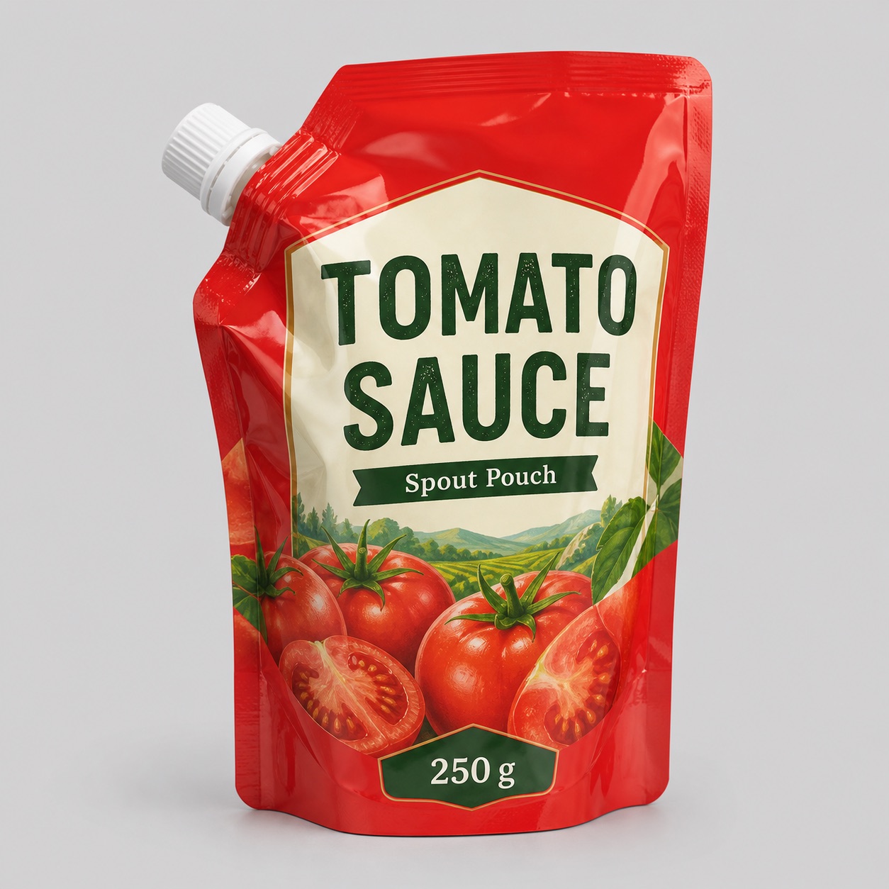 Tomato sauce spout pouch with printed condiment packaging artwork