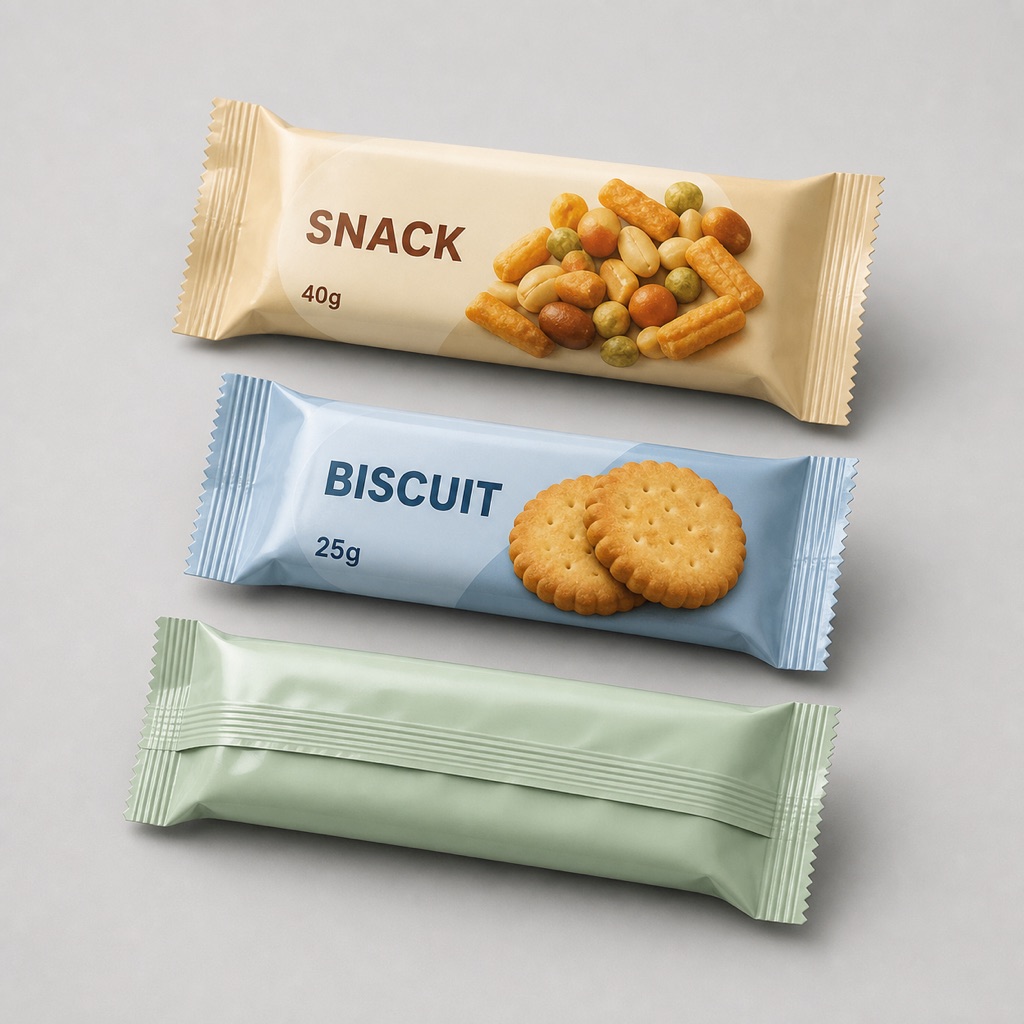 Snack and biscuit fin-seal flow-wrap packs with one back seam visible