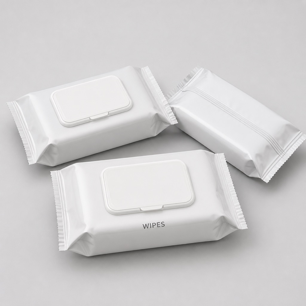 Wet-wipes fin-seal flow packs with reseal label area and back seam