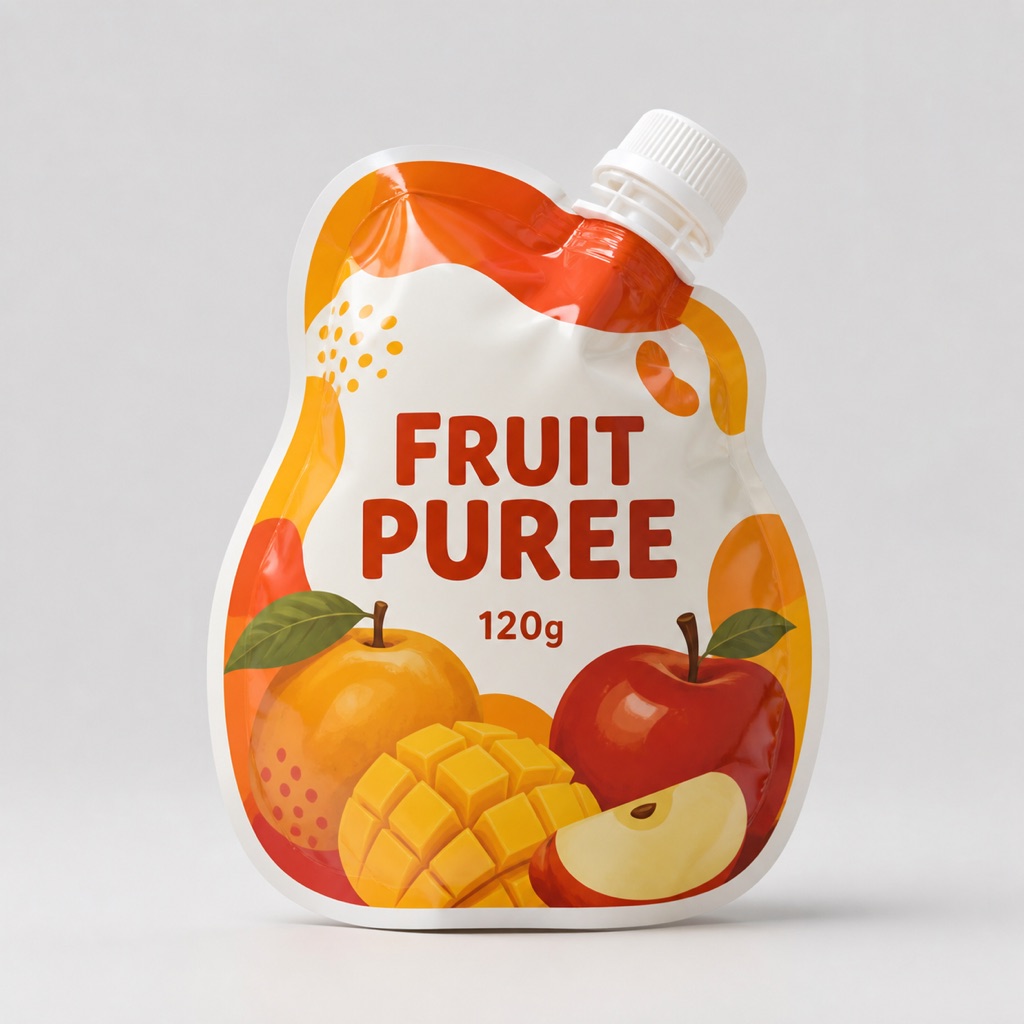 Die-cut fruit puree shaped pouch with cap, fruit artwork, and generic 120g label