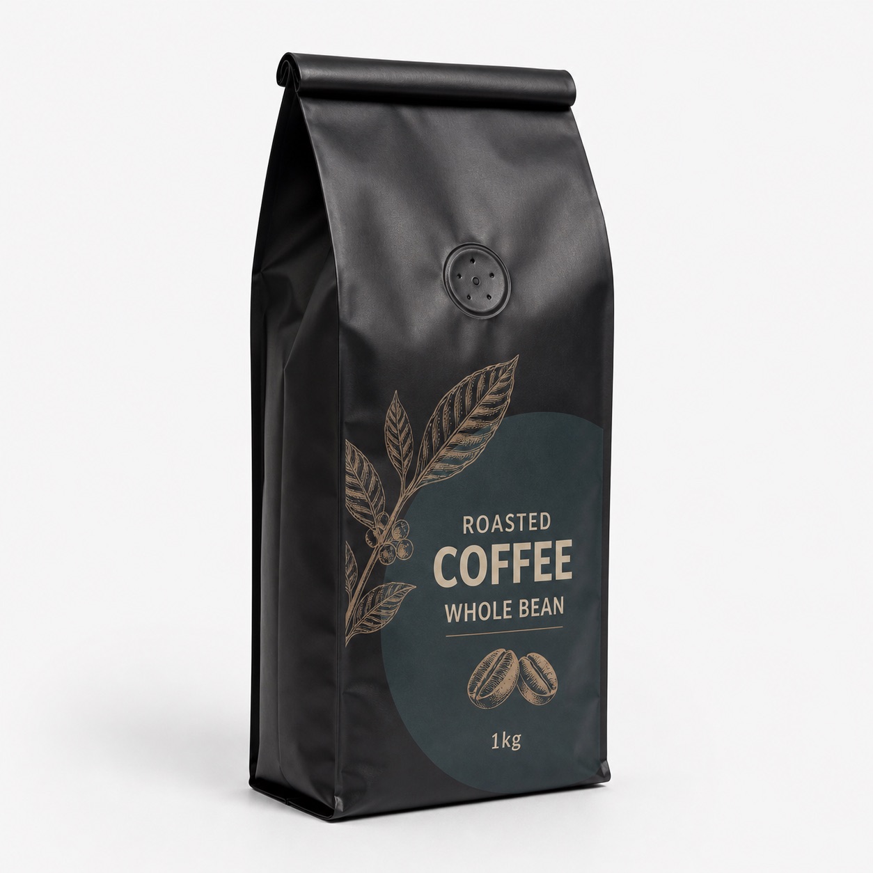 Printed side-gusset coffee pouch with prominent one-way degassing valve and roll-fold top