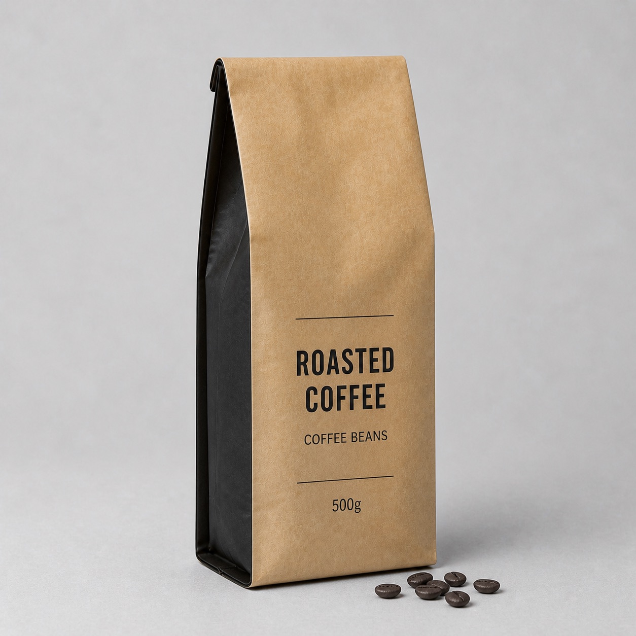 Coffee side gusset bag with folded side panel and generic roasted coffee text