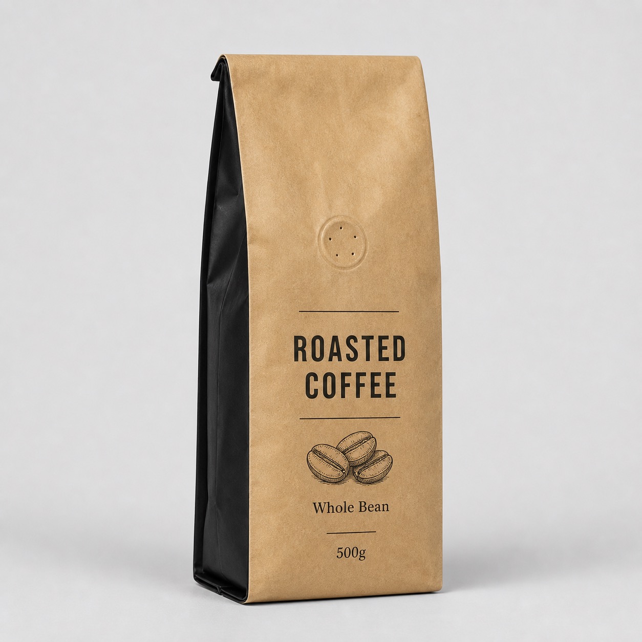 Kraft and black side-gusset coffee brick pack with fold-over top and degassing valve
