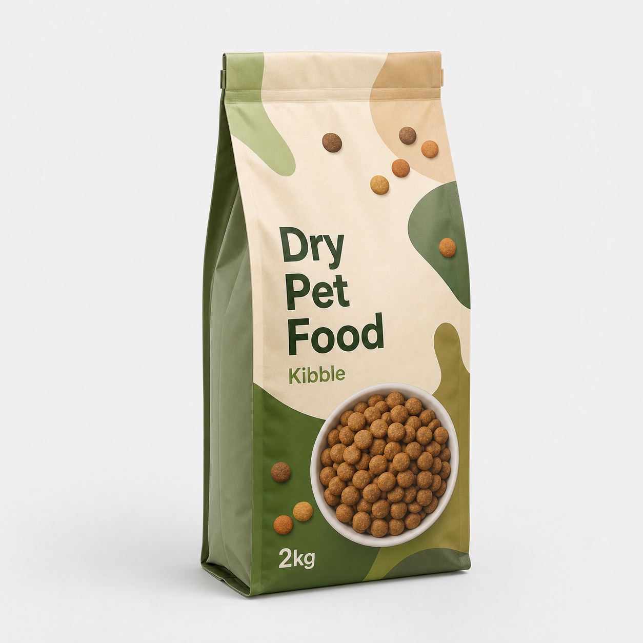 Printed dry pet food side-gusset pouch for large-format kibble packaging