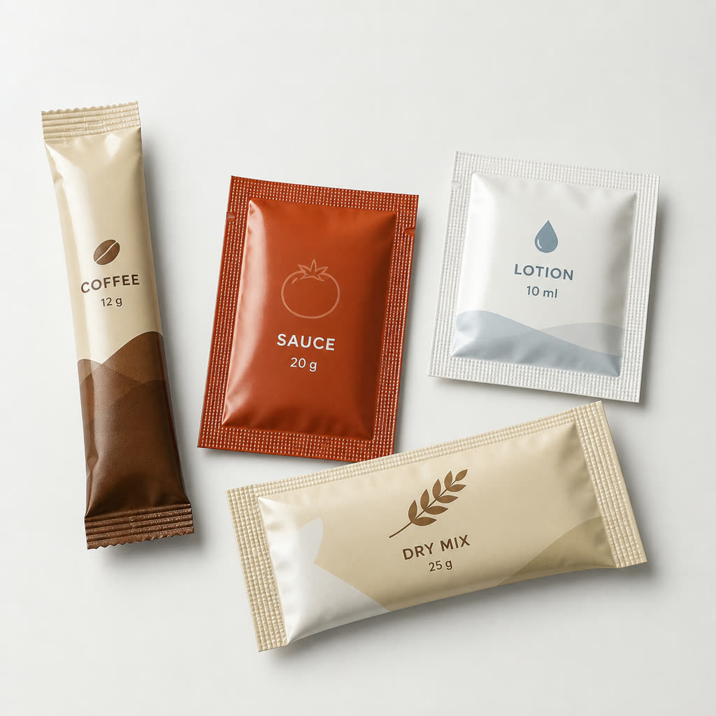 Single-serve sachet set with coffee, sauce, lotion, and dry mix packets for format reference