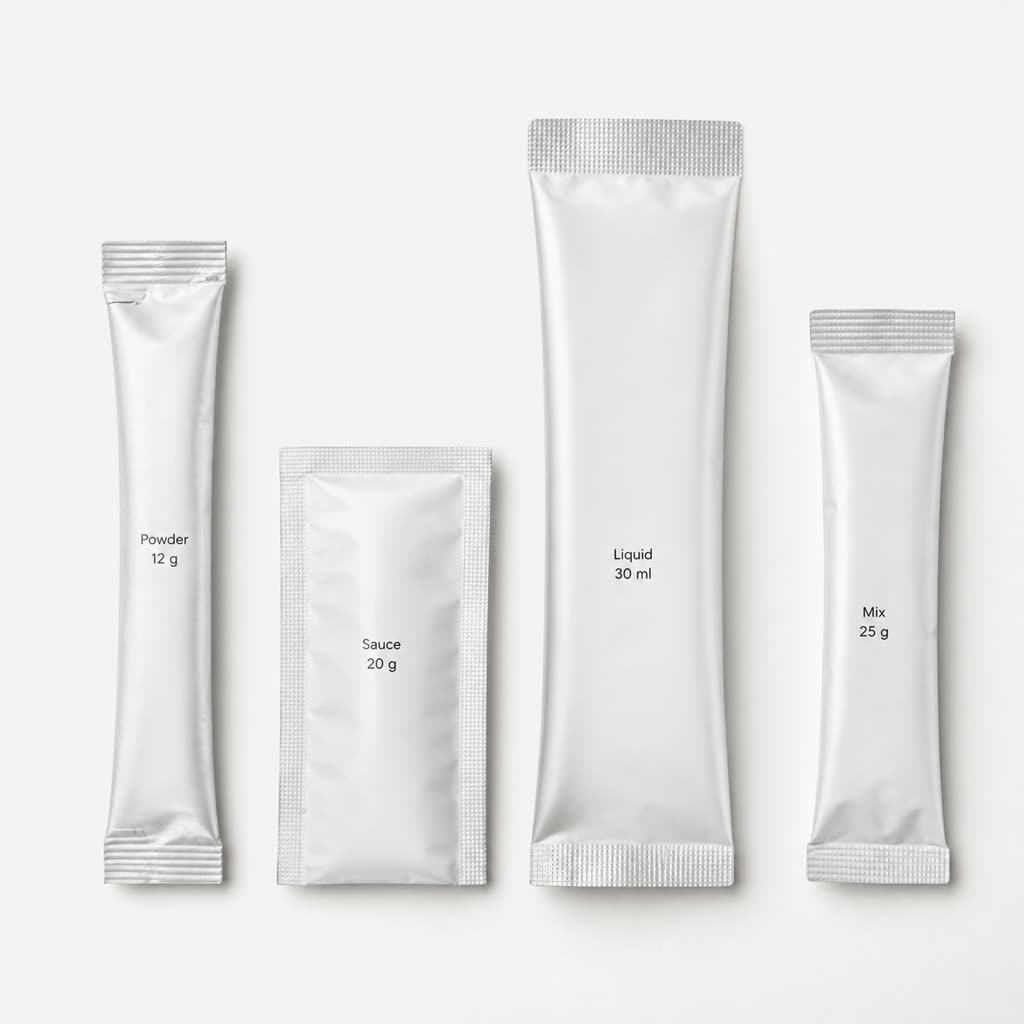 Single-serve sachet size set with powder, sauce, liquid, and mix packet formats