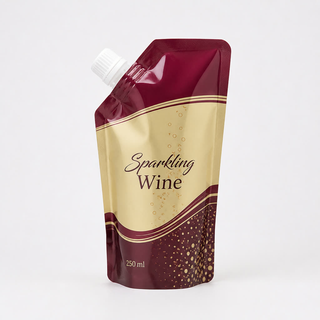 Printed sparkling wine mini spout pouch with corner cap and 250 ml generic label