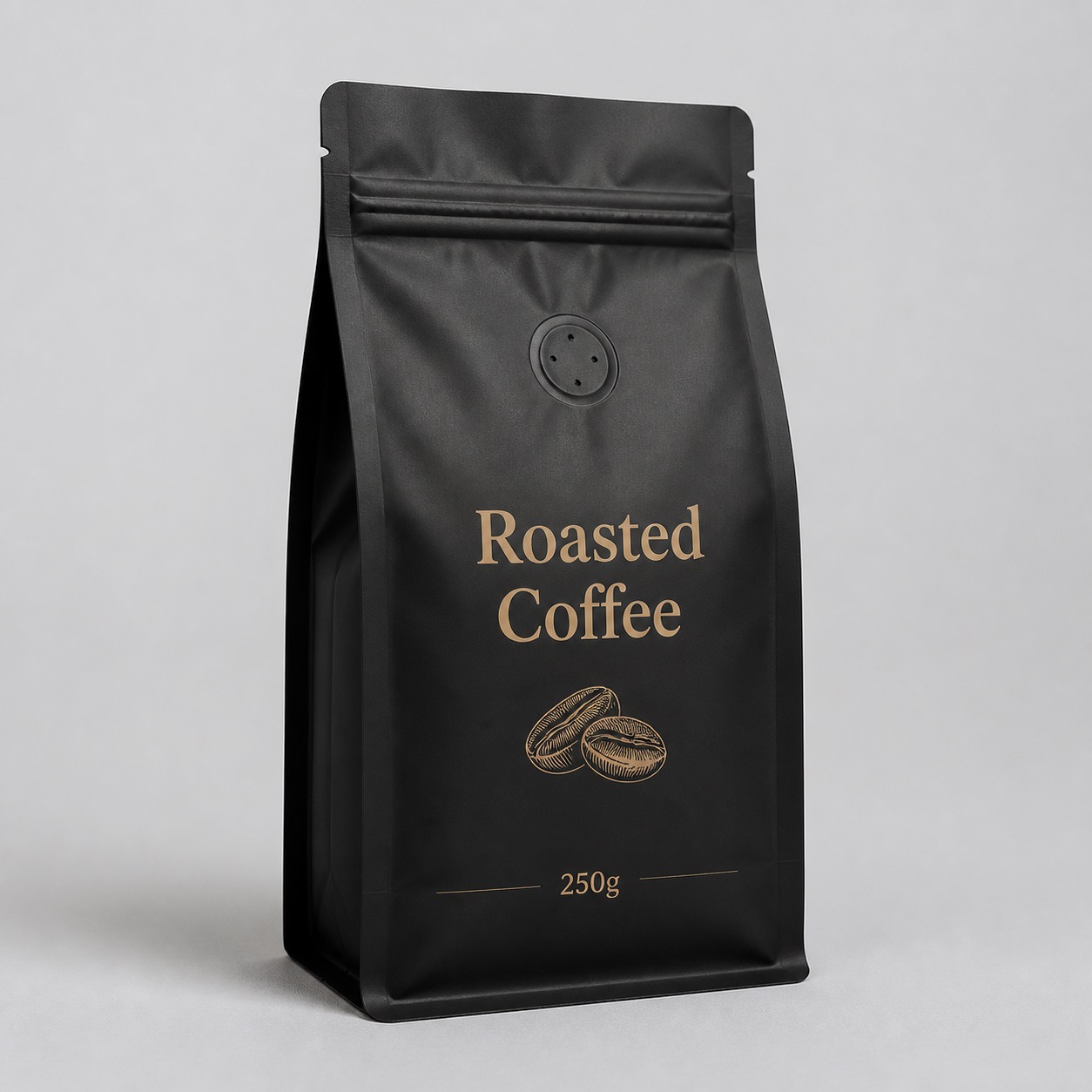 Matte black stand-up coffee pouch with zipper and one-way degassing valve