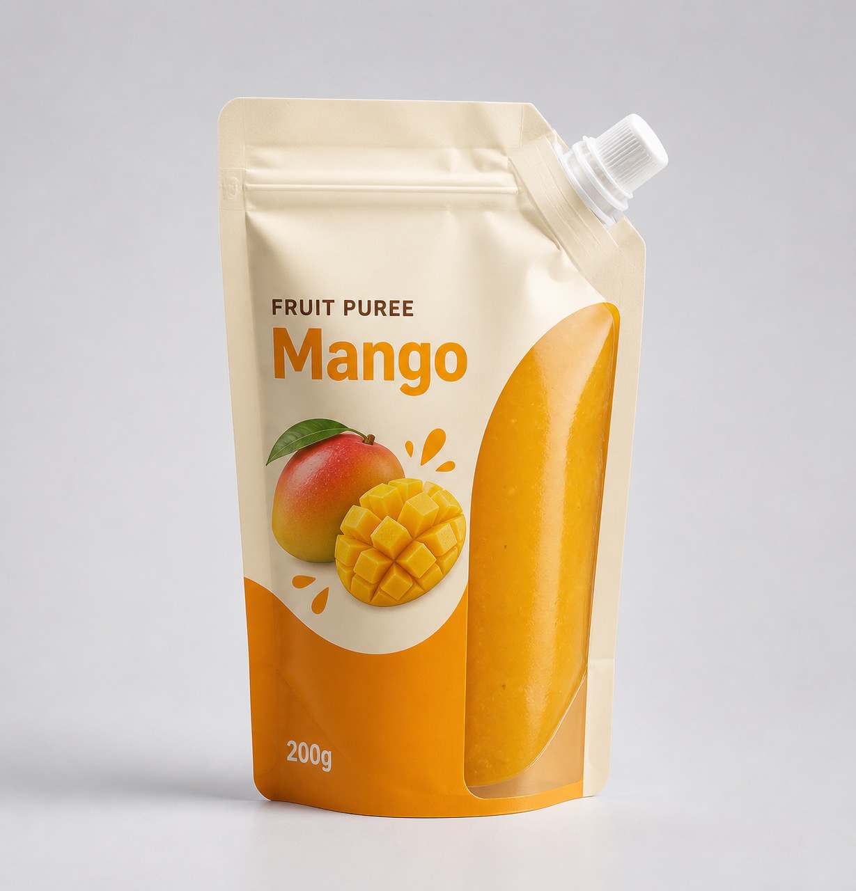 Mango fruit puree stand-up pouch with corner screw cap and clear vertical window