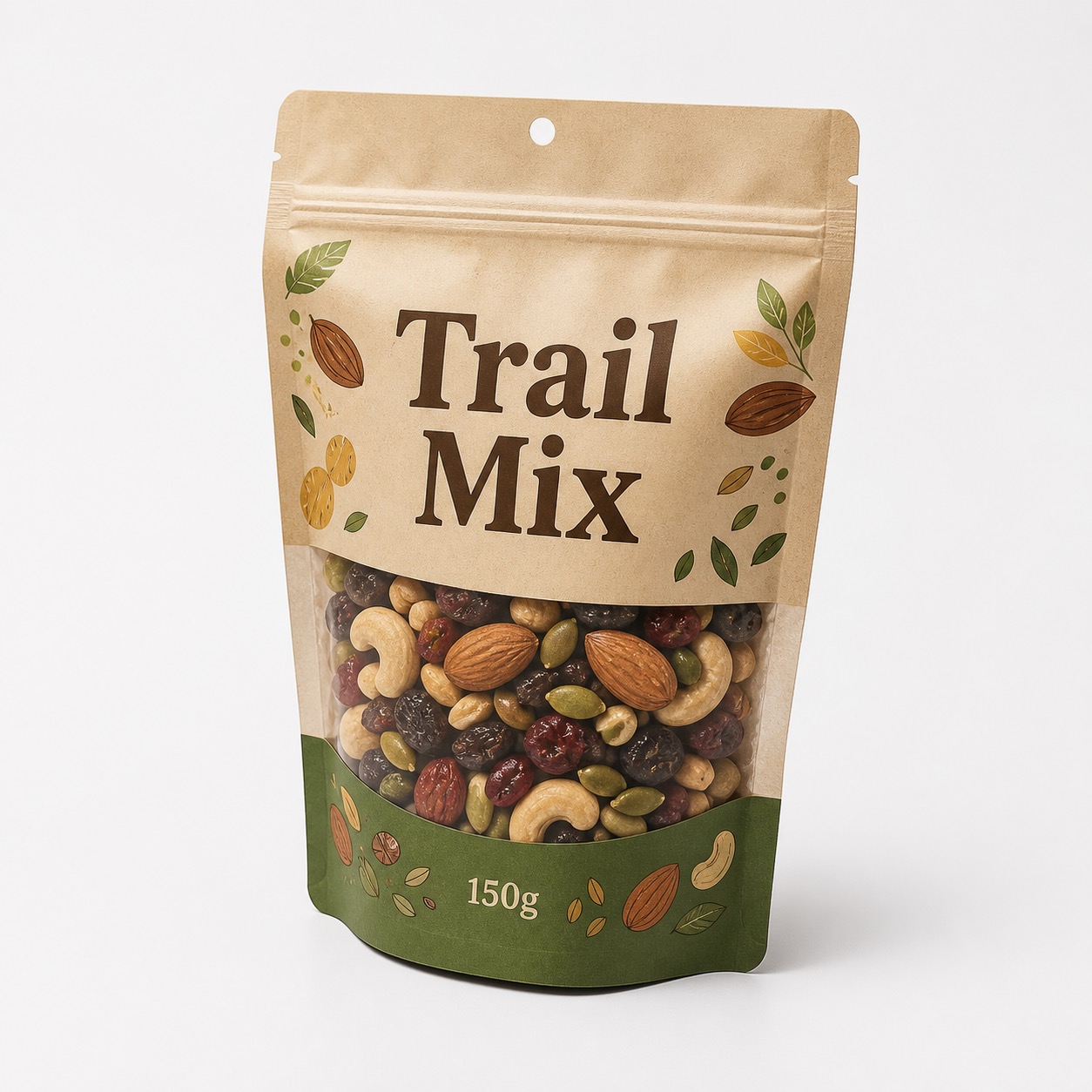 Printed trail mix stand-up pouch with zipper and clear front window