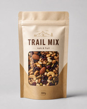 Kraft trail mix stand-up pouch with zipper and clear front window