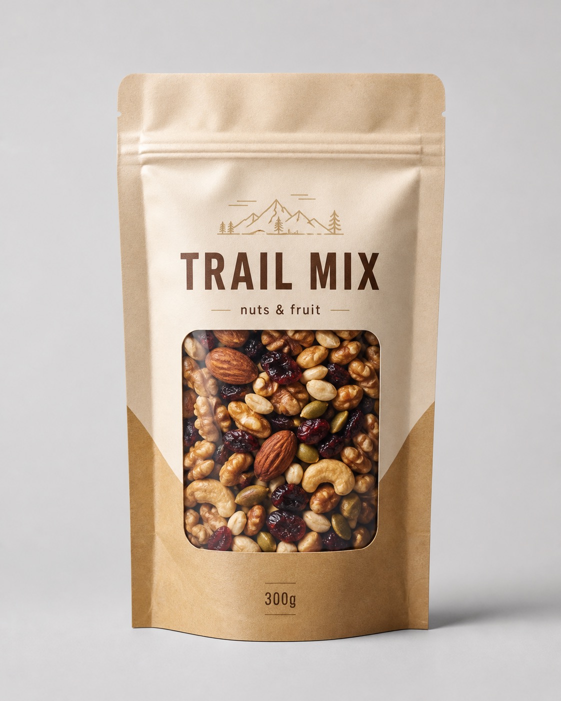 Kraft trail mix stand-up pouch with zipper and clear front window