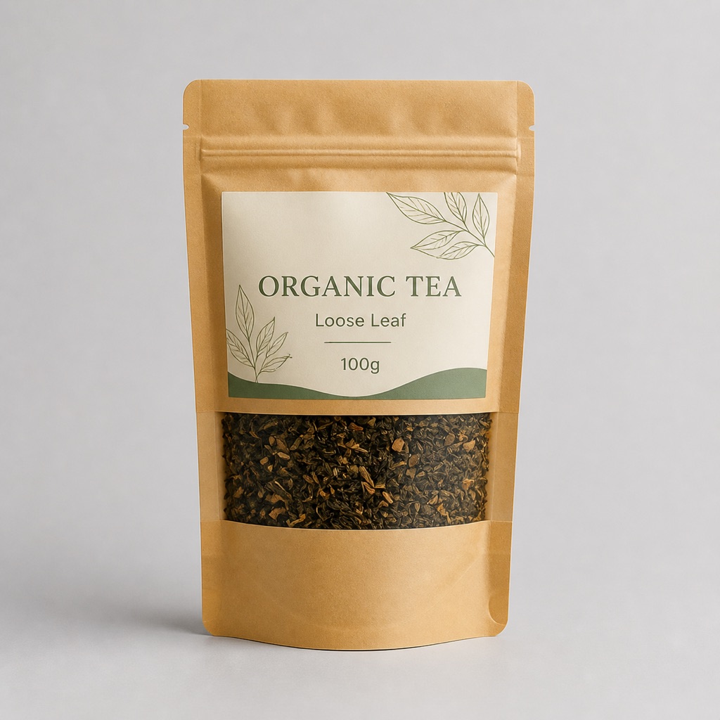Kraft loose leaf tea pouch with transparent window, zipper track, and generic organic tea label