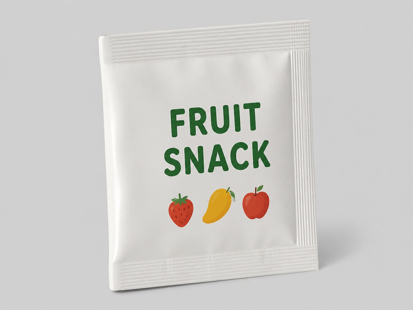 Fruit snack three-side-seal sachet with connected folded side and three heat-sealed edges