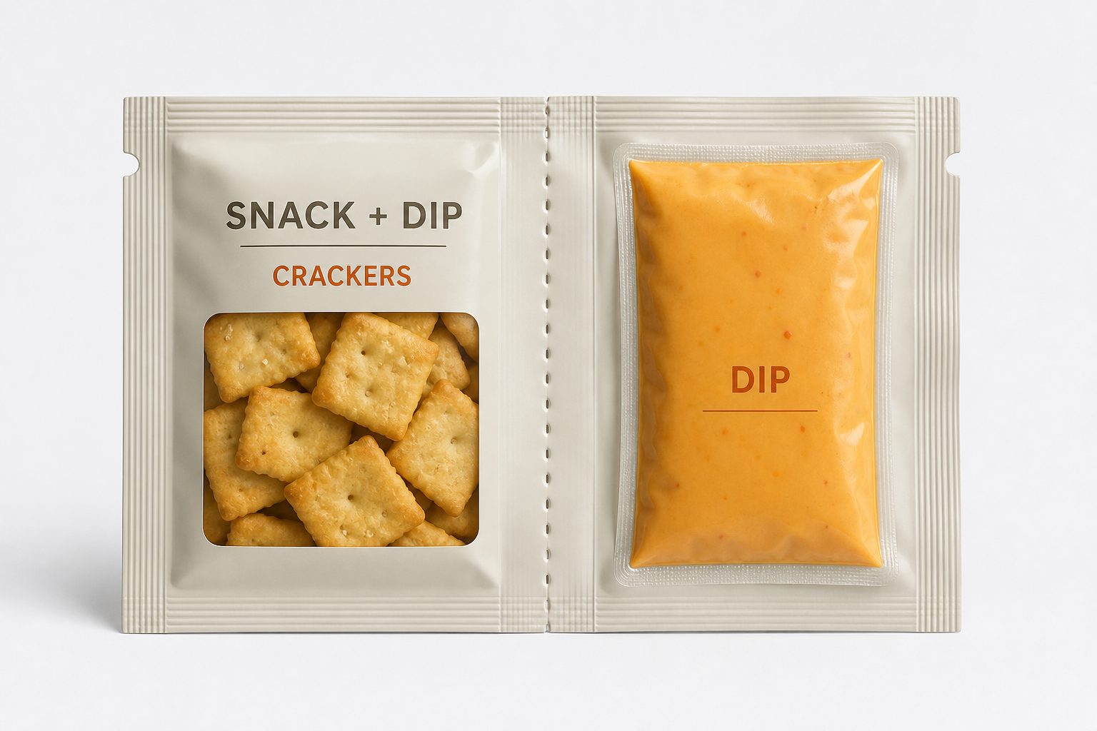 Snack and dip twin separable pouch with center perforation