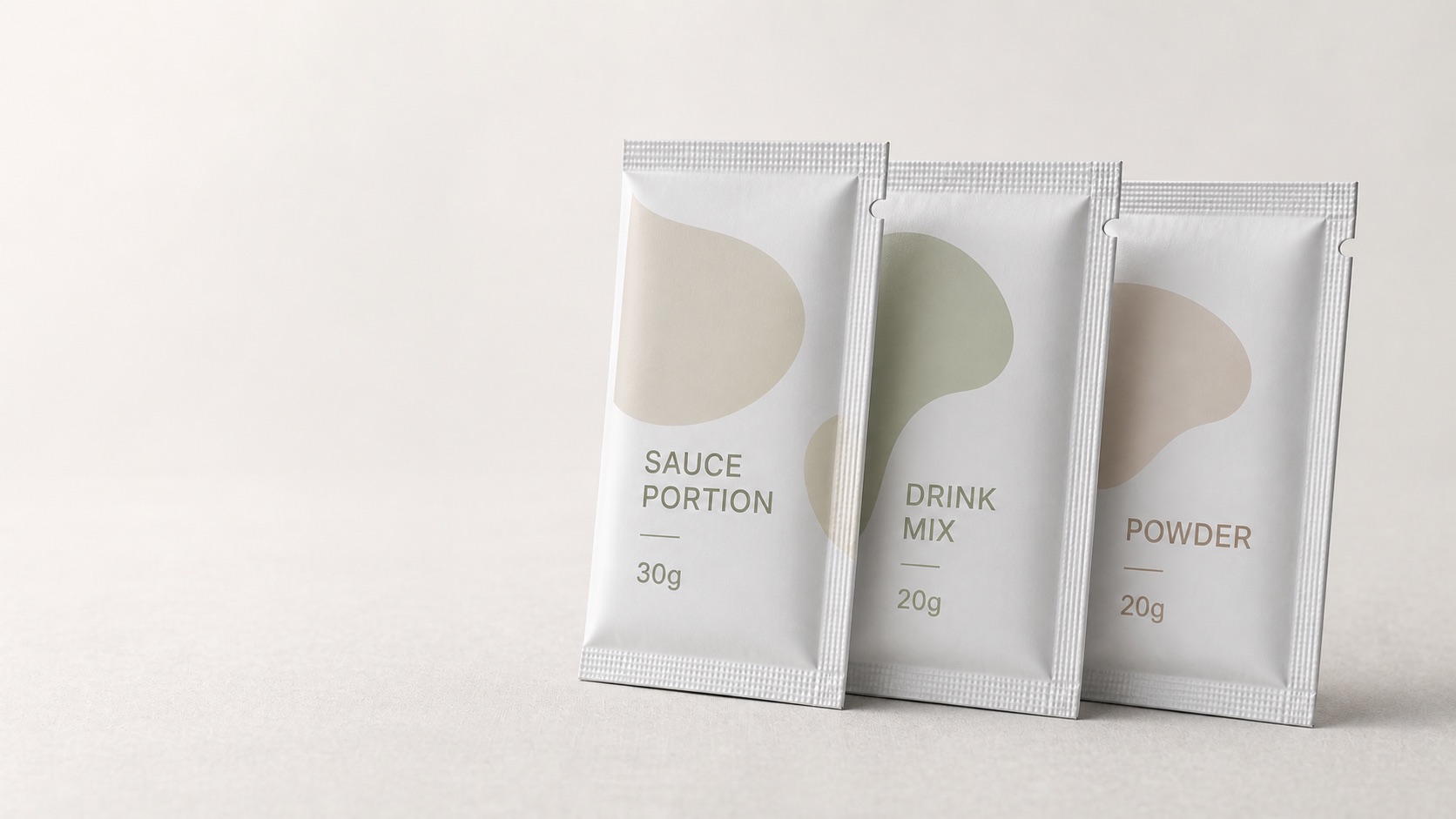 Three flat three-side-seal sachets with folded side edge and generic portion labels