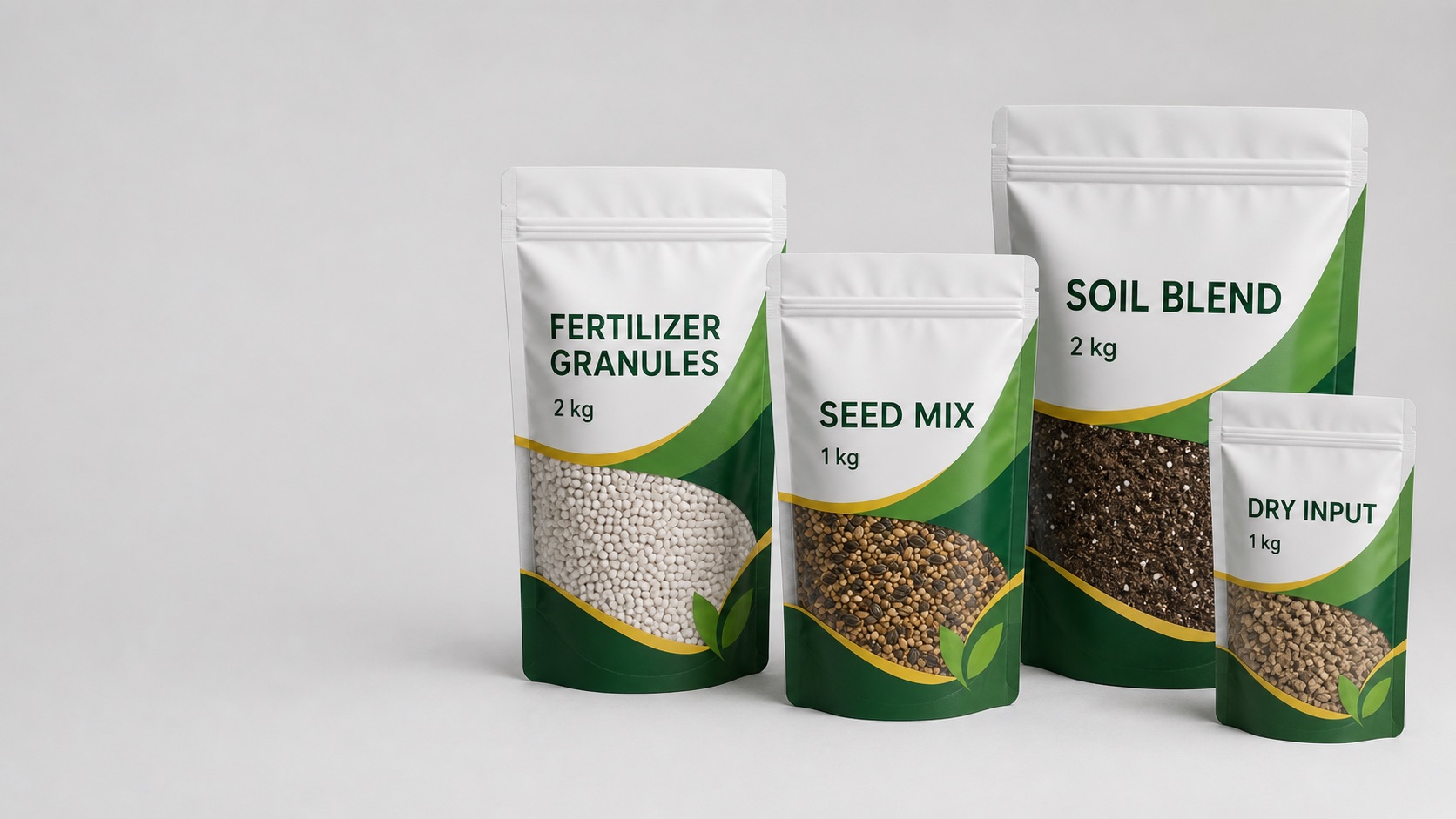 Wide hero image of seed mix and soil blend stand-up pouches with clear windows for agricultural packaging