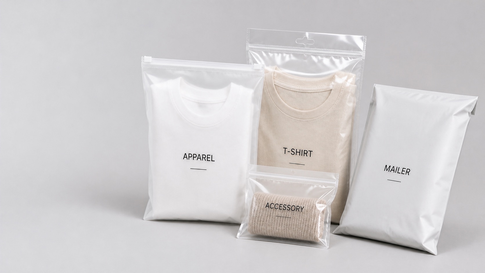 Frosted zipper apparel pouches and ecommerce mailer packs with folded garments inside