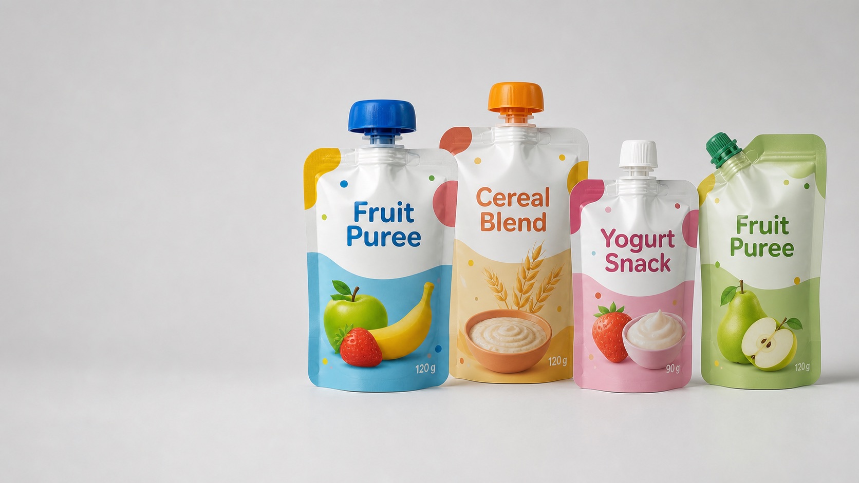 Wide hero image of fruit puree and cereal blend spout pouches with colored caps for baby food packaging