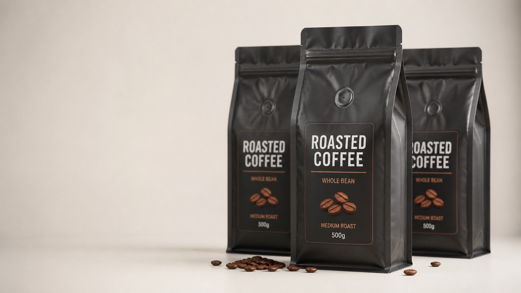 Matte black coffee bags with degassing valves and generic roasted coffee labels