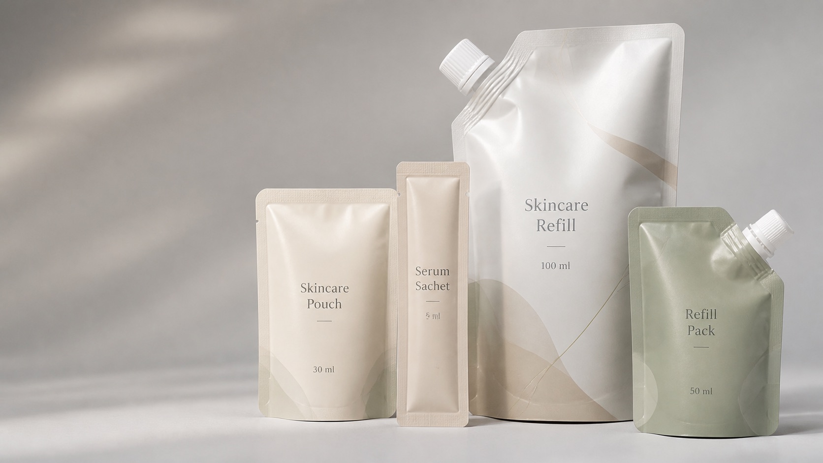 Wide hero image of matte skincare refill pouches, serum sachets, and cosmetic flexible packaging formats