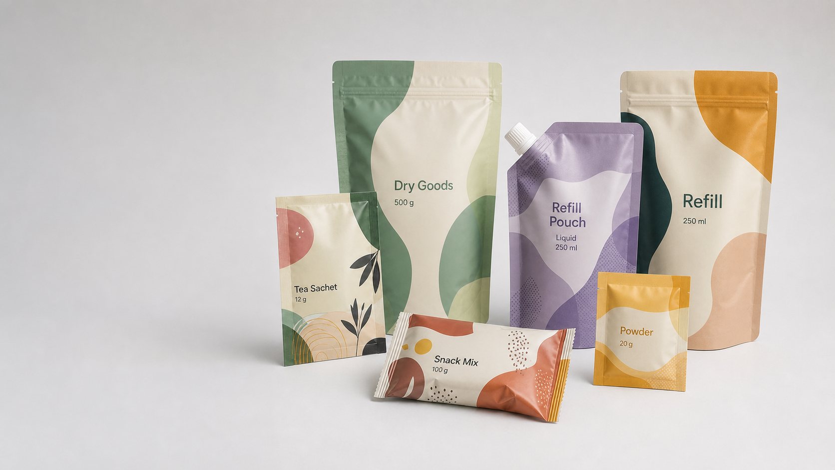 Custom flexible packaging case lineup with pouch, sachet, pillow pack, and refill formats