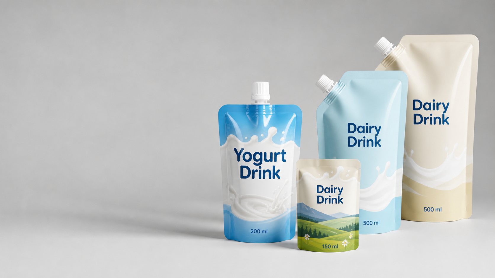 Dairy drink spout pouch product group with multiple pouch capacities